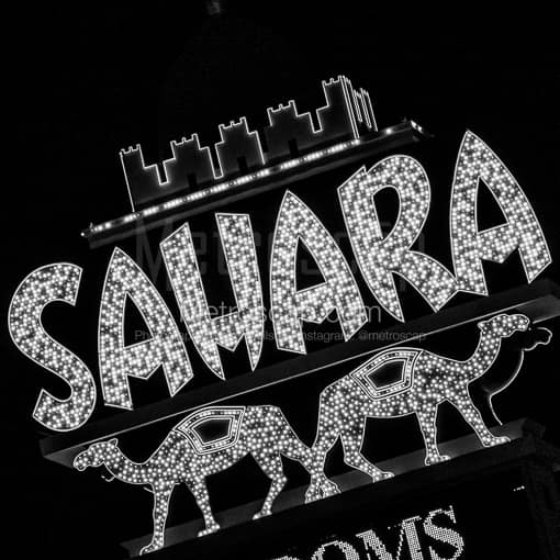 Matte Black MDF Framed Black and White Las Vegas Photograph: The Sahara Hotel and Casino Sign in a Square Matte Black MDF Frame