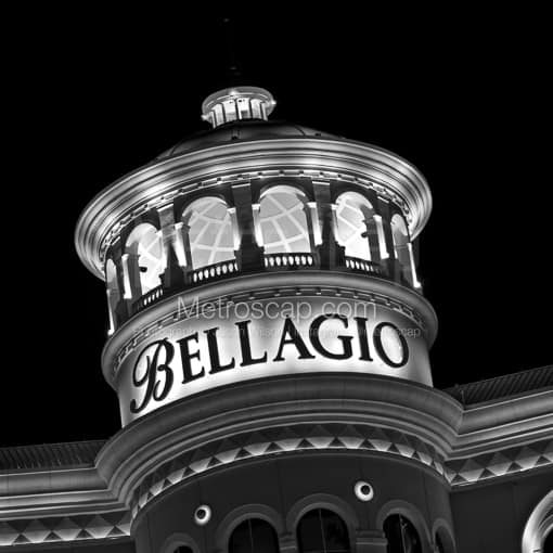 Matte Black MDF Framed Black and White Las Vegas Photograph: The Very Top of the Bellagio Hotel on the Las Vegas Strip in a Square Matte Black MDF Frame