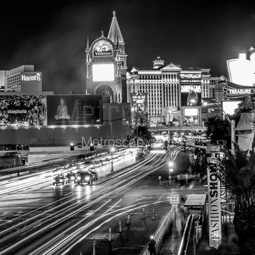 Matte Black MDF Framed Black and White Las Vegas Photograph: Las Vegas Boulevard Traffic Looking South in a Square Matte Black MDF Frame