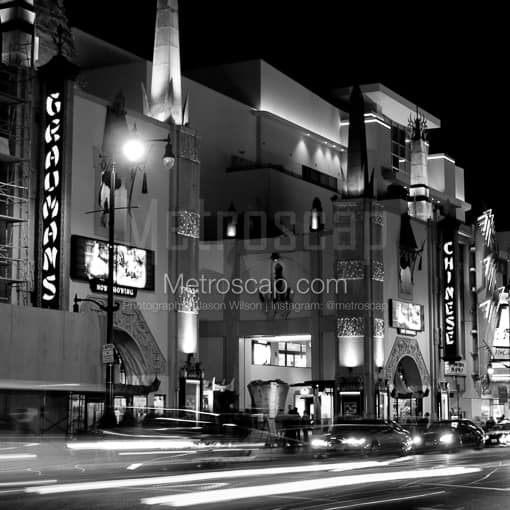 Matte Black MDF Framed Black and White Los Angeles Photograph: The Graumans Chinese Theater in a Square Matte Black MDF Frame