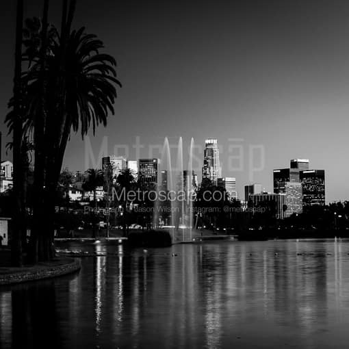 Matte Black MDF Framed Black and White Los Angeles Photograph: The Los Angeles Skyline from Echo Park in a Square Matte Black MDF Frame