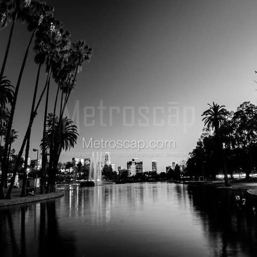 Matte Black MDF Framed Black and White Los Angeles Photograph: The Los Angeles Skyline from Echo Park along Glendale Boulevard in a Square Matte Black MDF Frame