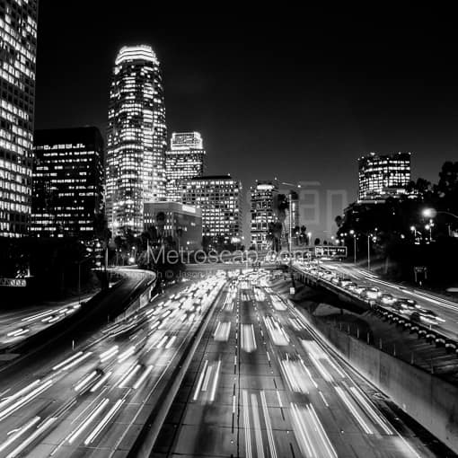 Matte Black MDF Framed Black and White Los Angeles Photograph: The Los Angeles Skyline along the Harbor Freeway in a Square Matte Black MDF Frame