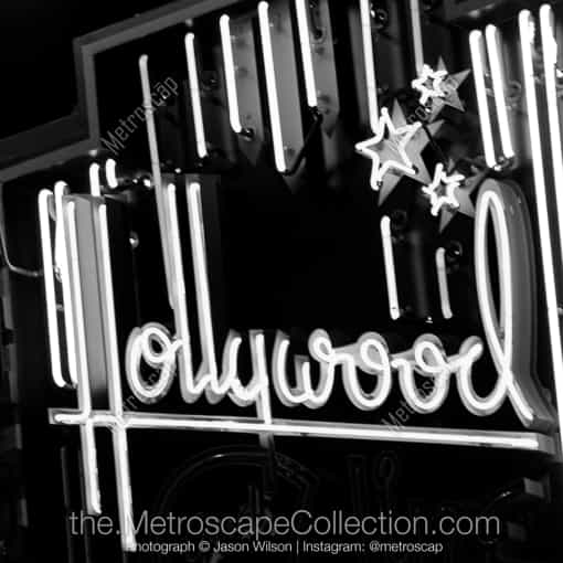 Matte Black MDF Framed Black and White Los Angeles Photograph: A Neon Hollywood Sign in a Square Matte Black MDF Frame