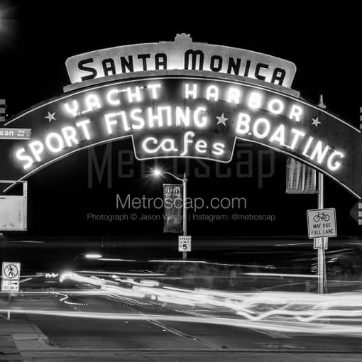 Matte Black MDF Framed Black and White Los Angeles Photograph: The Santa Monica Pier in a Square Matte Black MDF Frame