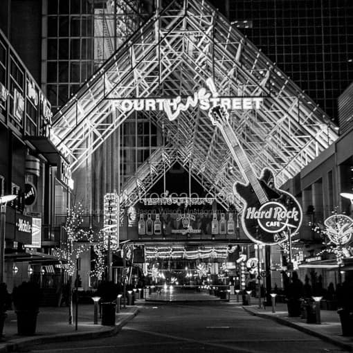 Matte Black MDF Framed Black and White Louisville Photograph: Fourth Street in Downtown Louisville in a Square Matte Black MDF Frame