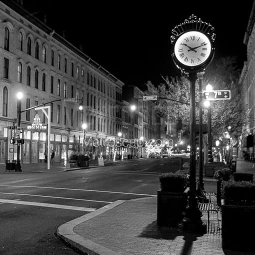 Matte Black MDF Framed Black and White Louisville Photograph: The Clock at Seventh and Main in a Square Matte Black MDF Frame