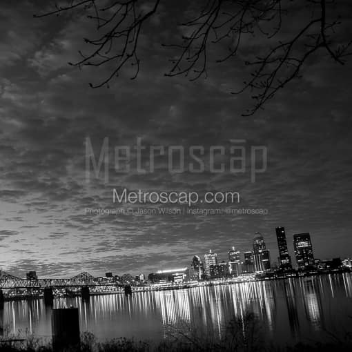 Matte Black MDF Framed Black and White Louisville Photograph: The Downtown Louisville Skyline in a Square Matte Black MDF Frame