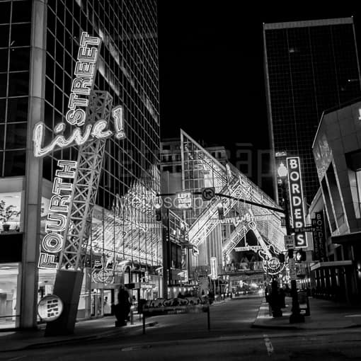 Matte Black MDF Framed Black and White Louisville Photograph: The Fourth Street Live Cityscape in a Square Matte Black MDF Frame