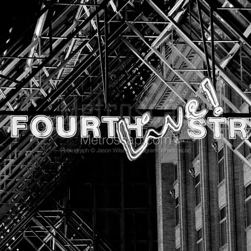 Matte Black MDF Framed Black and White Louisville Photograph: Fourth Street Live Scaffolding in a Square Matte Black MDF Frame