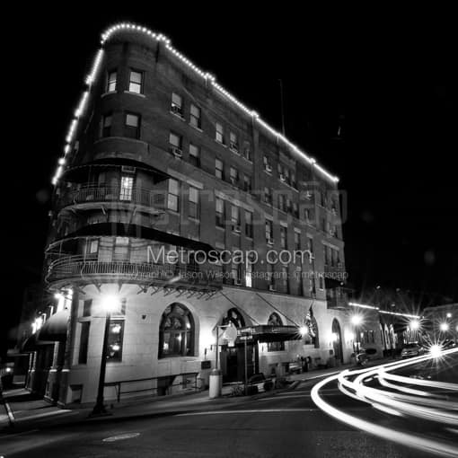 Matte Black MDF Framed Black and White Marietta Photograph: The Historic Lafayette Hotel in Marietta Ohio in a Square Matte Black MDF Frame