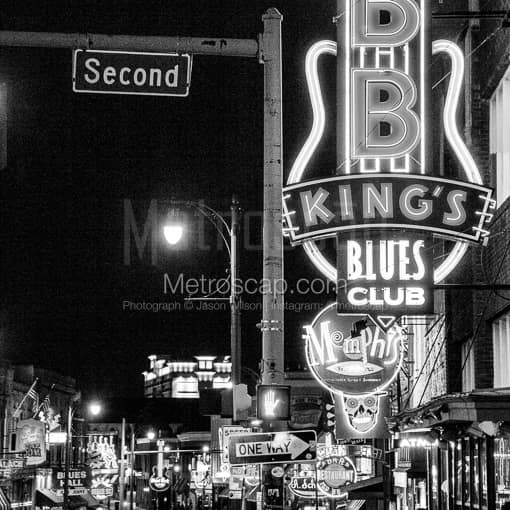 Matte Black MDF Framed Black and White Memphis Photograph: Beale Street at Night in a Square Matte Black MDF Frame