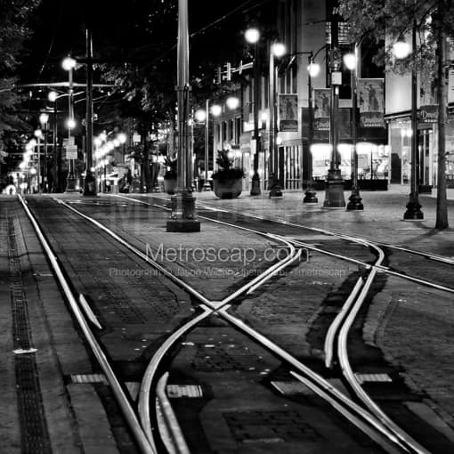 Matte Black MDF Framed Black and White Memphis Photograph: Main Street in Downtown Memphis at Night in a Square Matte Black MDF Frame