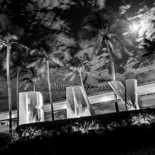 Matte Black MDF Framed Black and White Miami Photograph: Bayside Sign in Downtown Miami in a Square Matte Black MDF Frame