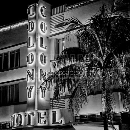 Matte Black MDF Framed Black and White Miami Photograph: The Colony Hotel on South Beach in a Square Matte Black MDF Frame