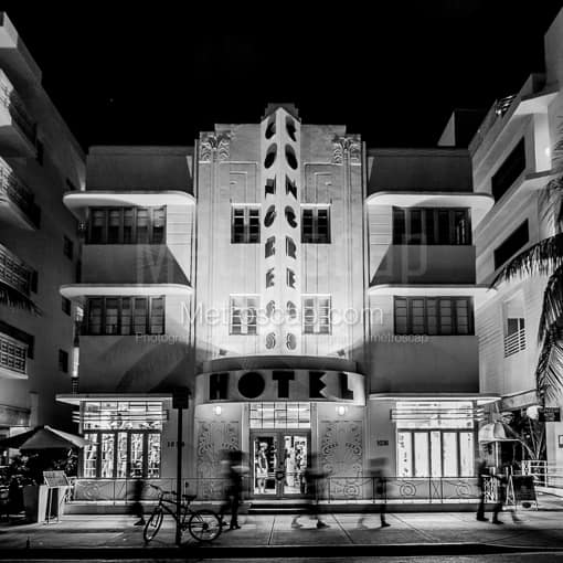 Matte Black MDF Framed Black and White Miami Photograph: The Congress Hotel on South Miami Beach in a Square Matte Black MDF Frame