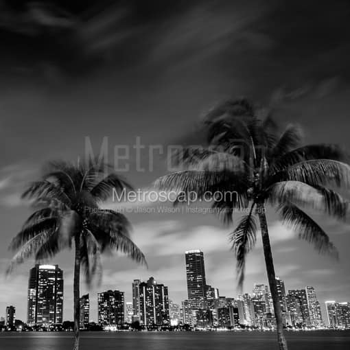 Matte Black MDF Framed Black and White Miami Photograph: The Downtown Miami Skyline at Night from Rickenbacker Causeway in a Square Matte Black MDF Frame