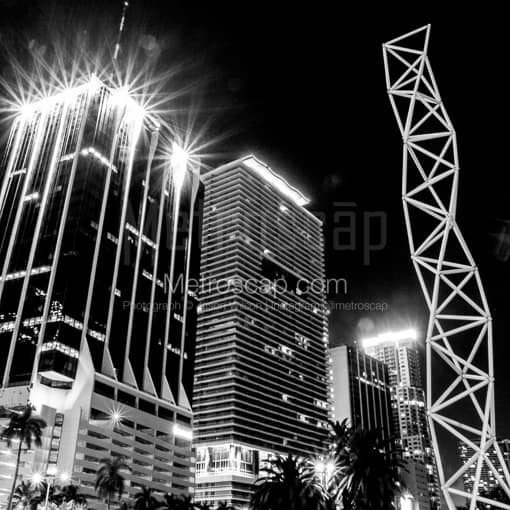 Matte Black MDF Framed Black and White Miami Photograph: Downtown Miami Buildings near Bayfront Park in a Square Matte Black MDF Frame