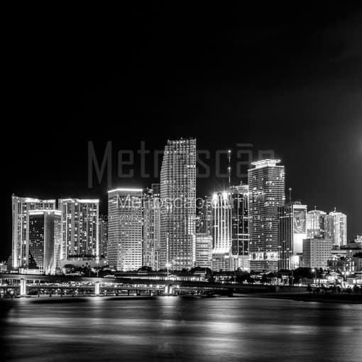 Matte Black MDF Framed Black and White Miami Photograph: Miami at Night in a Square Matte Black MDF Frame