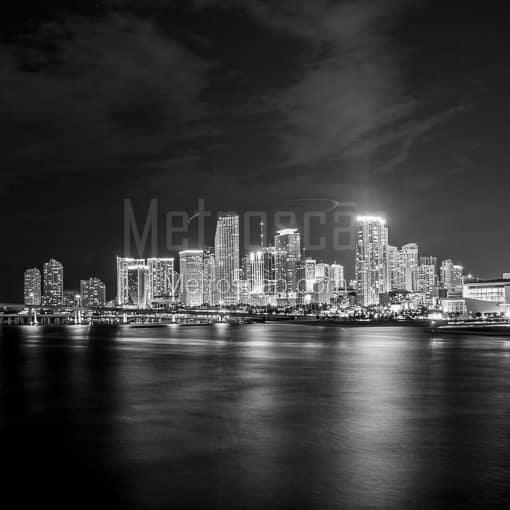 Matte Black MDF Framed Black and White Miami Photograph: The Miami Skyline at Night from the MacArthur Causeway in a Square Matte Black MDF Frame