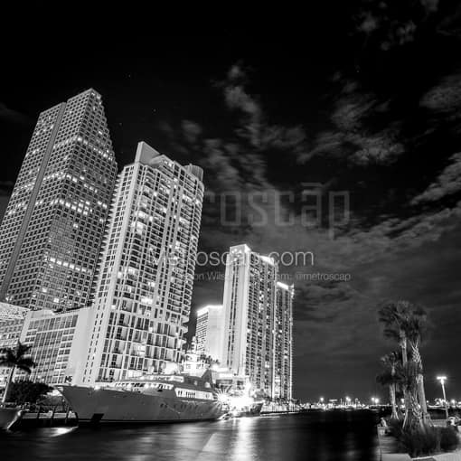 Matte Black MDF Framed Black and White Miami Photograph: The Miami Riverwalk at Miami Circle in a Square Matte Black MDF Frame