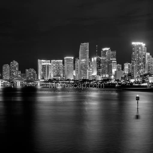 Matte Black MDF Framed Black and White Miami Photograph: The Miami Skyline at Night on Biscayne Bay in a Square Matte Black MDF Frame
