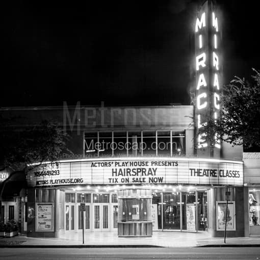 Matte Black MDF Framed Black and White Miami Photograph: The Miracle Theatre in Coral Gables in a Square Matte Black MDF Frame