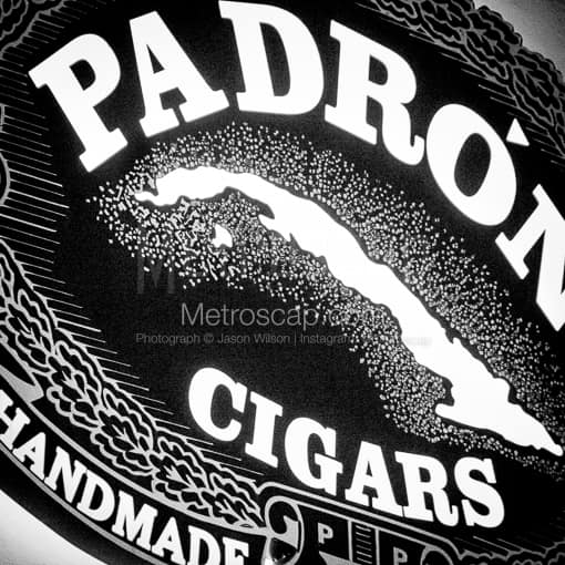 Matte Black MDF Framed Black and White Miami Photograph: Padron Handmade Cigars in a Square Matte Black MDF Frame