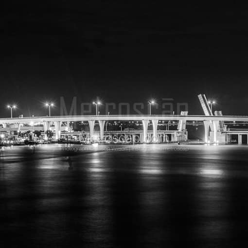 Matte Black MDF Framed Black and White Miami Photograph: The Port Boulevard Bridge to Dodge Island in a Square Matte Black MDF Frame