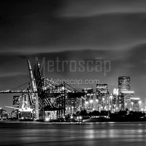 Matte Black MDF Framed Black and White Miami Photograph: The Ports on Dodge Island in a Square Matte Black MDF Frame