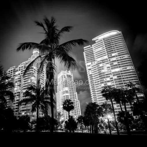 Matte Black MDF Framed Black and White Miami Photograph: South Beach Condos Overlook South Pointe Park in a Square Matte Black MDF Frame