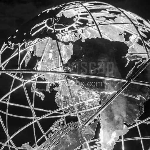 Matte Black MDF Framed Black and White Miami Photograph: The Stainless Steel Globe at the Port of Miami Entrance in a Square Matte Black MDF Frame