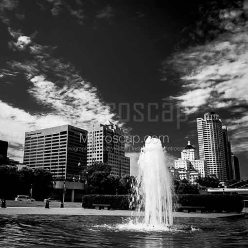 Matte Black MDF Framed Black and White Milwaukee Photograph: Cudahy Gardens Fountain with the Milwaukee Skyline in a Square Matte Black MDF Frame