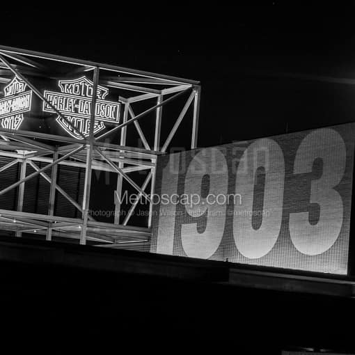 Matte Black MDF Framed Black and White Milwaukee Photograph: The Harley Davidson Museum in a Square Matte Black MDF Frame