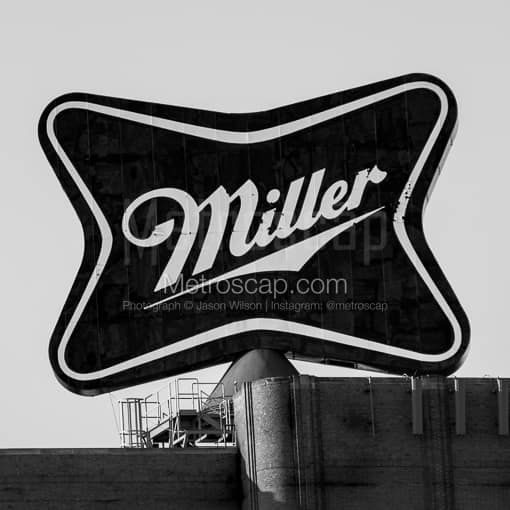 Matte Black MDF Framed Black and White Milwaukee Photograph: The Miller Brewery Sign in a Square Matte Black MDF Frame