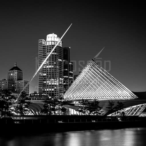 Matte Black MDF Framed Black and White Milwaukee Photograph: The Closed Wings of the Milwaukee Art Museum in a Square Matte Black MDF Frame