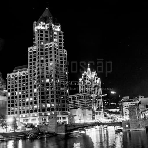 Matte Black MDF Framed Black and White Milwaukee Photograph: The Milwaukee Riverwalk from Juneau Ave in a Square Matte Black MDF Frame