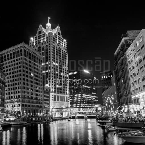 Matte Black MDF Framed Black and White Milwaukee Photograph: The Milwaukee Riverwalk featuring the 100 E. Wisconsin Building in a Square Matte Black MDF Frame
