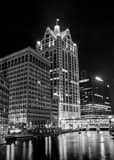 Milwaukee Riverwalk Wisconsin Building Black and White Vertical Milwaukee Riverwalk Wisconsin Building black and white