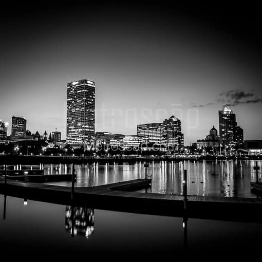 Matte Black MDF Framed Black and White Milwaukee Photograph: The Milwaukee Skyline in a Square Matte Black MDF Frame