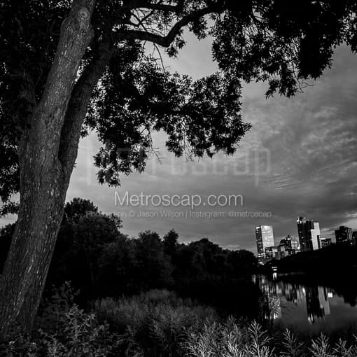 Matte Black MDF Framed Black and White Milwaukee Photograph: The Milwaukee Skyline from McKinley Park in a Square Matte Black MDF Frame