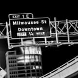 Milwaukee St Downtown Highway Sign Black and White Square Milwaukee St Downtown Highway Sign black and white