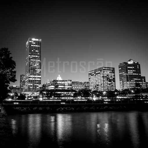 Matte Black MDF Framed Black and White Milwaukee Photograph: The Milwaukee Skyline from Discovery World in a Square Matte Black MDF Frame