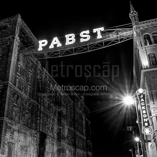 Matte Black MDF Framed Black and White Milwaukee Photograph: The Pabst Brewing Sign at Night in a Square Matte Black MDF Frame