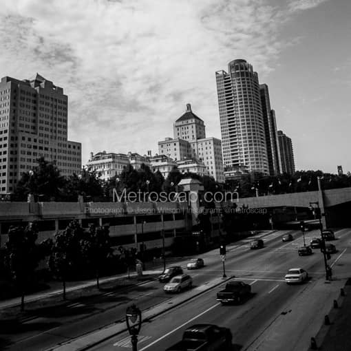 Matte Black MDF Framed Black and White Milwaukee Photograph: Traffic Along North Lincoln Memorial Drive in a Square Matte Black MDF Frame