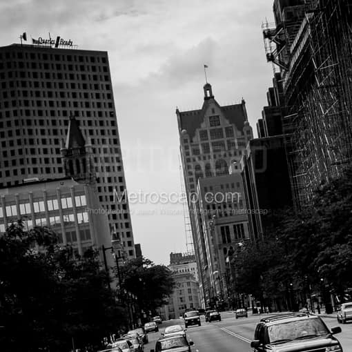 Matte Black MDF Framed Black and White Milwaukee Photograph: Wisconsin Avenue in Downtown Milwaukee in a Square Matte Black MDF Frame