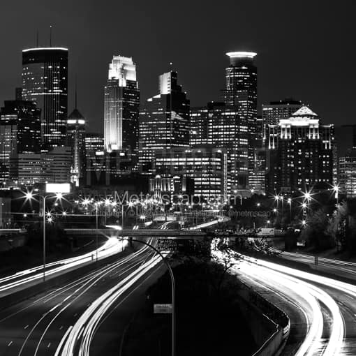 Matte Black MDF Framed Black and White Minneapolis Photograph: Downtown Minneapolis Skyline at Night over 35W in a Square Matte Black MDF Frame