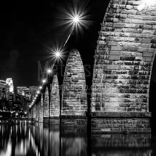 Matte Black MDF Framed Black and White Minneapolis Photograph: The Stone Arch Bridge at Night in a Square Matte Black MDF Frame