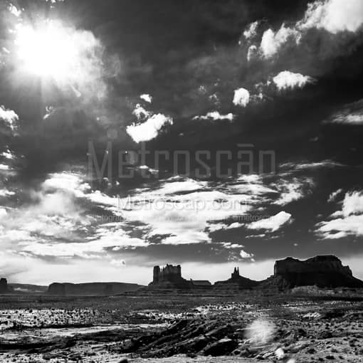 Matte Black MDF Framed Black and White Monument Valley Photograph: Lens Flares in Monument Valley in a Square Matte Black MDF Frame