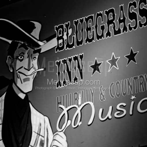 Matte Black MDF Framed Black and White Nashville Photograph: The Bluegrass Inn Sign in a Square Matte Black MDF Frame